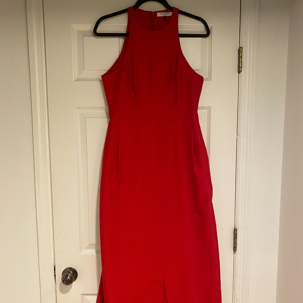 Red Halston High Neck Formal Gown